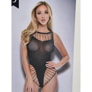 Baci Lingerie Womens One Size 2-14 Black Sheer Sexy Rhinestone Diamonte Bodysuit